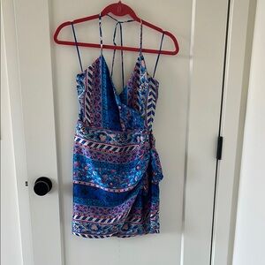 Blue and Pink Patterned Wrap Dress